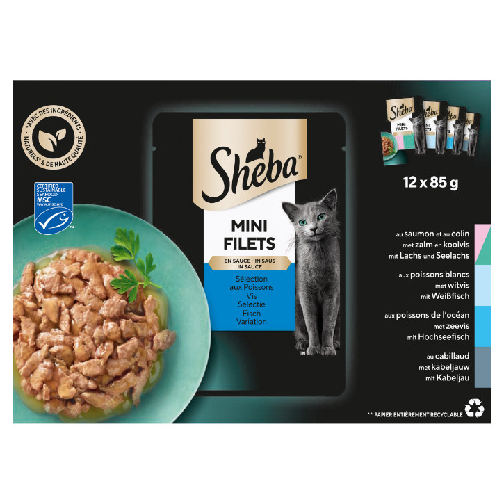 Sheba Mini Filets Sélection aux Poissons en sauce pâtée pour chat (sachets 85 g)