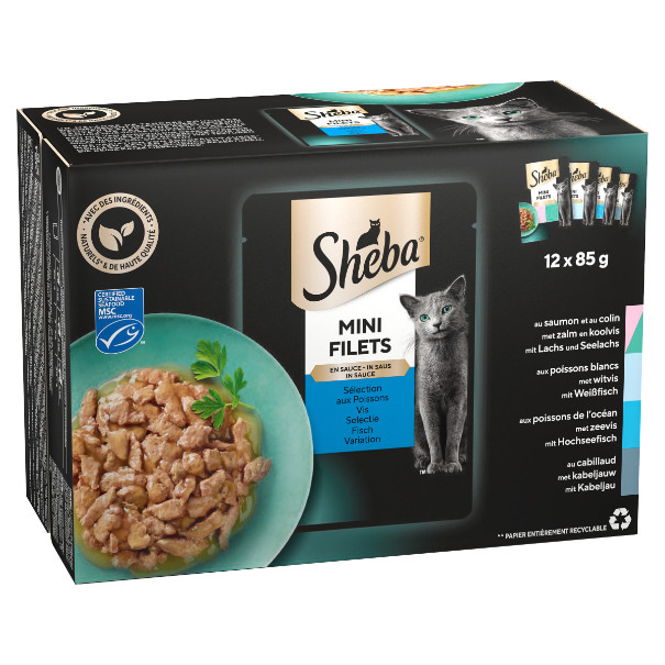 Sheba Mini Filets Sélection aux Poissons en sauce pâtée pour chat (sachets 85 g)